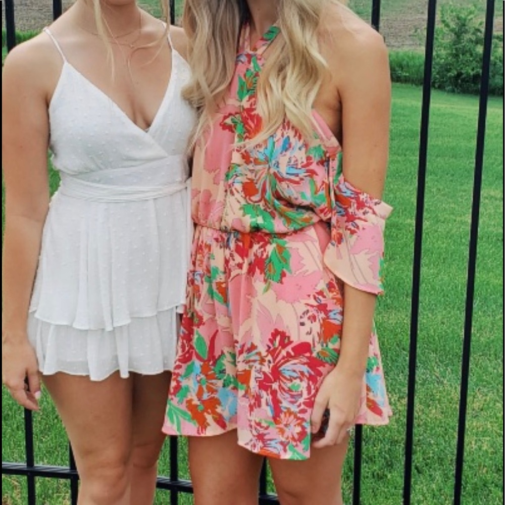 Pink Off the Shoulder Romper with Pockets